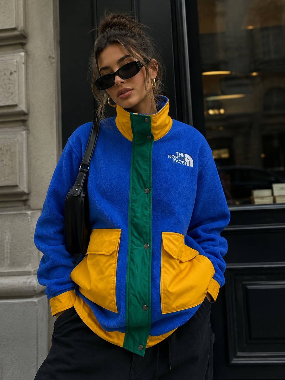 The North Face Color Block.Logo Fleece Long Jacket Blue Green Yellow Sz S NWT